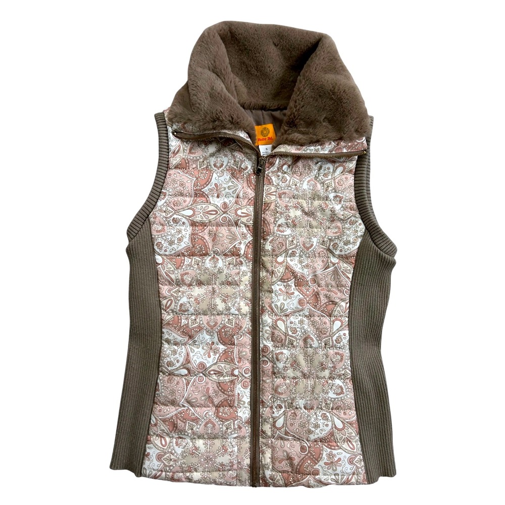 Ruby Rd Quilted Vest Women Size S Paisley Faux Fur Collar Zip Front